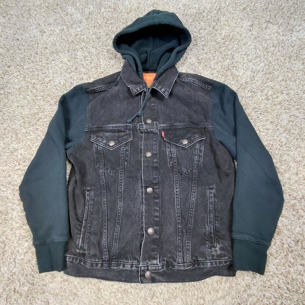 Levis Hybrid Hooded Trucker Jacket Mens Small Black Denim Jean Hoodie
